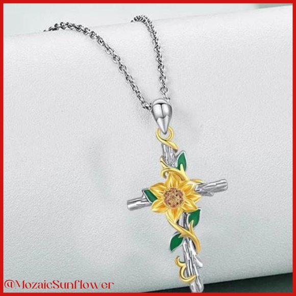 NEW Silver Cross With Sunflower & Amber Crystal Center Necklace - Picture 3 of 4